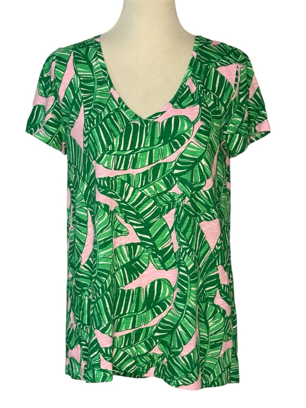 Lilly Pulitzer Etta V-Neck Top Let’s Go Bananas Pink Green Tropical Palm Medium